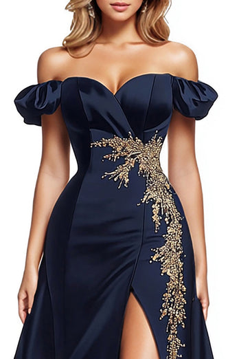 Navy Blue Off the Shoulder Satin A Line Formal Dress with Slit