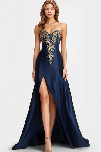 Navy A Line Sweetheart Satin Formal Dress with Slit