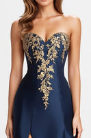Load image into Gallery viewer, Navy A Line Sweetheart Satin Formal Dress with Slit