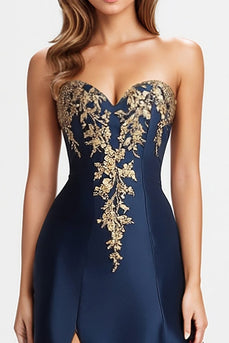Navy A Line Sweetheart Satin Formal Dress with Slit