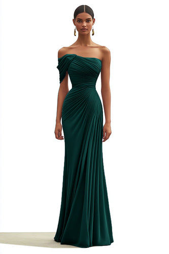 Zapaka Women Mermaid Dark Green Formal Dress Satin One Shoulder Pleated Long Wedding Guest Dress