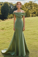 Load image into Gallery viewer, Sage Off the Shoulder Satin Mermaid Long Formal Dress