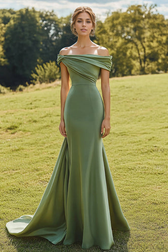Sage Off the Shoulder Satin Mermaid Long Formal Dress
