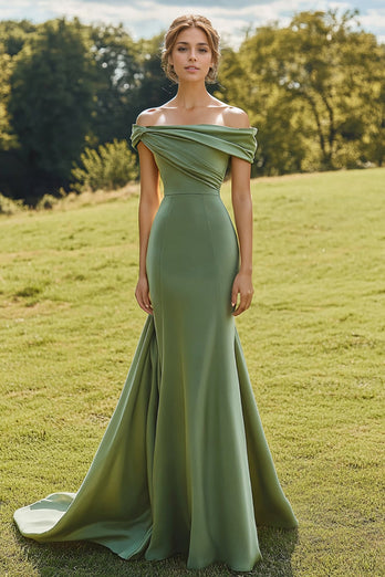 Sage Off the Shoulder Satin Mermaid Long Formal Dress
