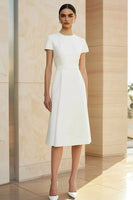 Load image into Gallery viewer, White Round Neck Satin A-Line Midi Formal Dress with Short Sleeves