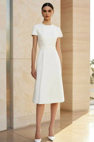 White Round Neck Satin A-Line Midi Formal Dress with Short Sleeves