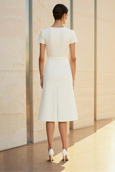 White Round Neck Satin A-Line Midi Formal Dress with Short Sleeves