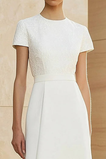 White Round Neck Satin A-Line Midi Formal Dress with Short Sleeves