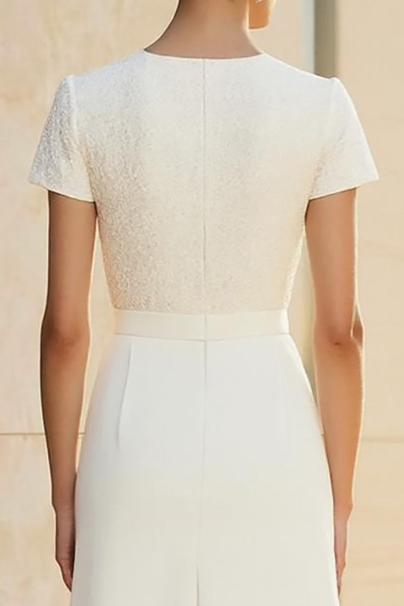Load image into Gallery viewer, White Round Neck Satin A-Line Midi Formal Dress with Short Sleeves