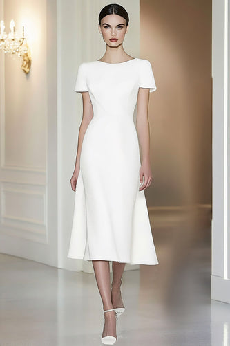 White Short Sleeves A-Line Midi Formal Dress