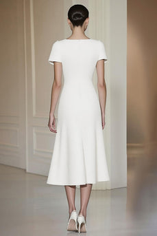 White Short Sleeves A-Line Midi Formal Dress
