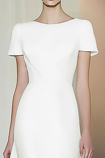 White Short Sleeves A-Line Midi Formal Dress