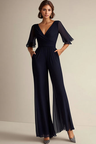 Navy V-Neck Chiffon Long Formal Jumpsuit with Half Sleeves