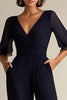 Load image into Gallery viewer, Navy V-Neck Chiffon Long Formal Jumpsuit with Half Sleeves