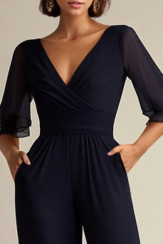 Navy V-Neck Chiffon Long Formal Jumpsuit with Half Sleeves
