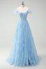Load image into Gallery viewer, ZAPAKA Women Sparkly Sky Blue Formal Dress with Lace Off The Shoulder A-Line Corset Evening Dress with Slit