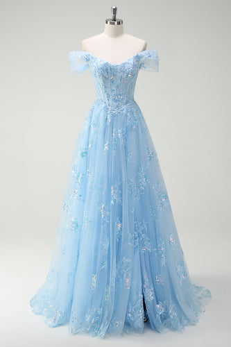 ZAPAKA Women Sparkly Sky Blue Formal Dress with Lace Off The Shoulder A-Line Corset Evening Dress with Slit