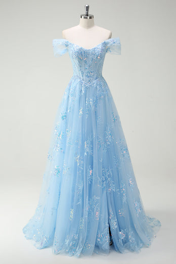 ZAPAKA Women Sparkly Sky Blue Formal Dress with Lace Off The Shoulder A-Line Corset Evening Dress with Slit