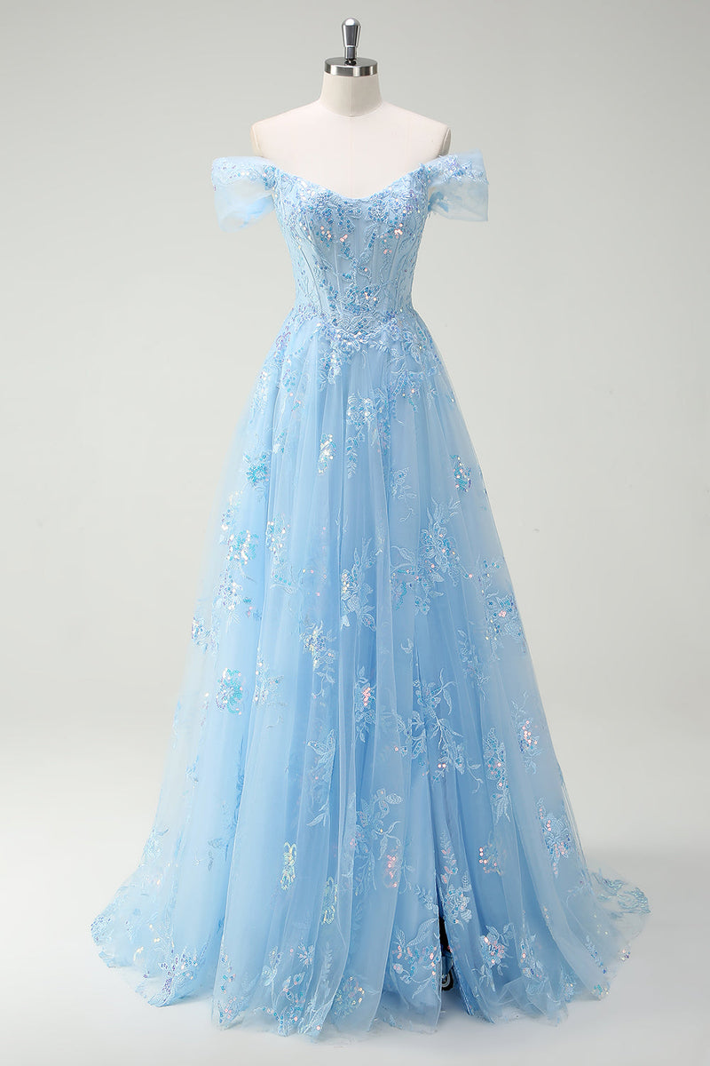 Load image into Gallery viewer, ZAPAKA Women Sparkly Sky Blue Formal Dress with Lace Off The Shoulder A-Line Corset Evening Dress with Slit