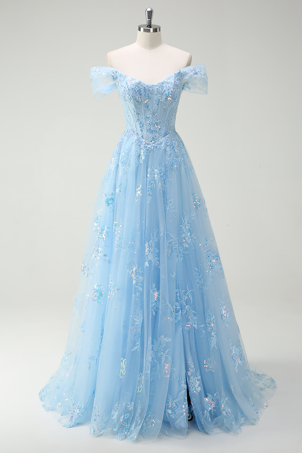 ZAPAKA Women Sparkly Sky Blue Formal Dress with Lace Off The Shoulder A-Line Corset Evening Dress with Slit