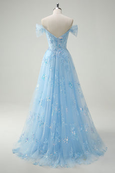 Sky Blue Off The Shoulder A-Line Corset Formal Dress with Slit