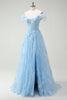 Load image into Gallery viewer, Sky Blue Off The Shoulder A-Line Corset Formal Dress with Slit