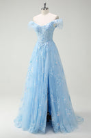 Load image into Gallery viewer, Sky Blue Off The Shoulder A-Line Corset Formal Dress with Slit