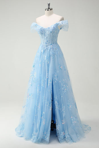 Sky Blue Off The Shoulder A-Line Corset Formal Dress with Slit