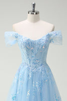 Load image into Gallery viewer, Sky Blue Off The Shoulder A-Line Corset Formal Dress with Slit