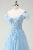 Load image into Gallery viewer, Sky Blue Off The Shoulder A-Line Corset Formal Dress with Slit