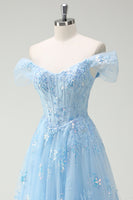 Load image into Gallery viewer, Sky Blue Off The Shoulder A-Line Corset Formal Dress with Slit