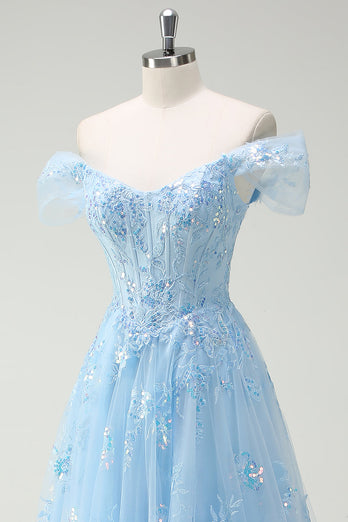 Sky Blue Off The Shoulder A-Line Corset Formal Dress with Slit