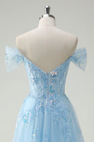 Load image into Gallery viewer, Sky Blue Off The Shoulder A-Line Corset Formal Dress with Slit