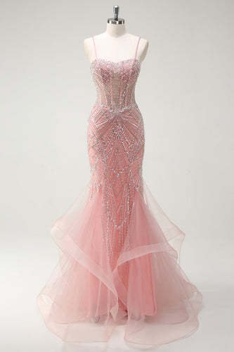 ZAPAKA Women Sparkly Pink Organza Corset Long Formal Dress Mermaid Beaded Sequined Spaghetti Straps Prom Dress