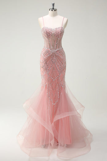 ZAPAKA Women Sparkly Pink Organza Corset Long Formal Dress Mermaid Beaded Sequined Spaghetti Straps Prom Dress
