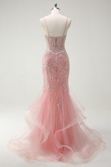 Sparkly Pink Mermaid Corset Long Formal Dress with Sequins