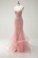 Load image into Gallery viewer, Sparkly Pink Mermaid Corset Long Formal Dress with Sequins