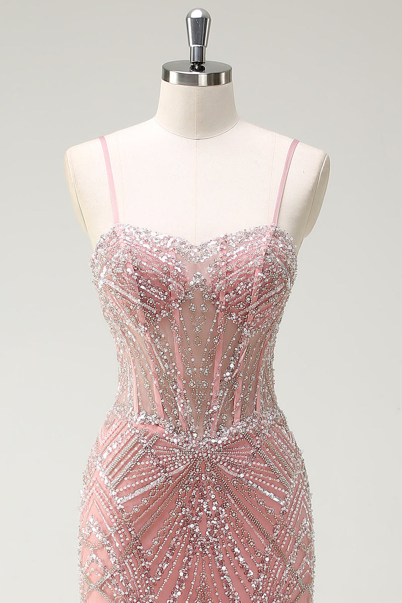 Load image into Gallery viewer, Sparkly Pink Mermaid Corset Long Formal Dress with Sequins