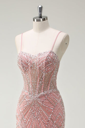 Sparkly Pink Mermaid Corset Long Formal Dress with Sequins