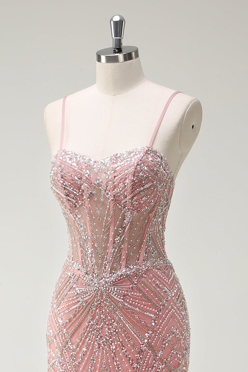 Load image into Gallery viewer, Sparkly Pink Mermaid Corset Long Formal Dress with Sequins