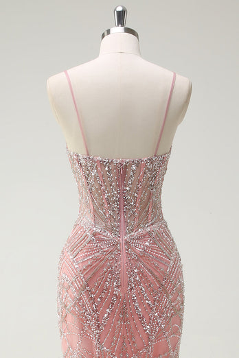 Sparkly Pink Mermaid Corset Long Formal Dress with Sequins