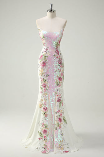 Zapaka Women Sparkly Formal Dress White Floral Strapless Mermaid Long Evening Dress With Sequins