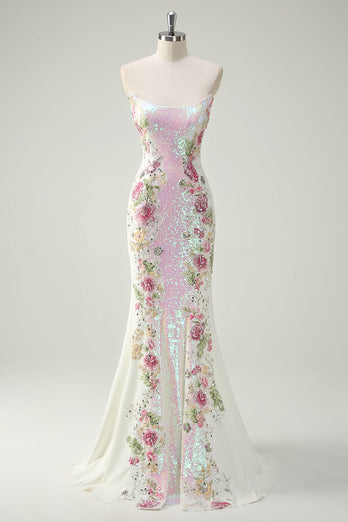 Zapaka Women Sparkly Formal Dress White Floral Strapless Mermaid Long Evening Dress With Sequins