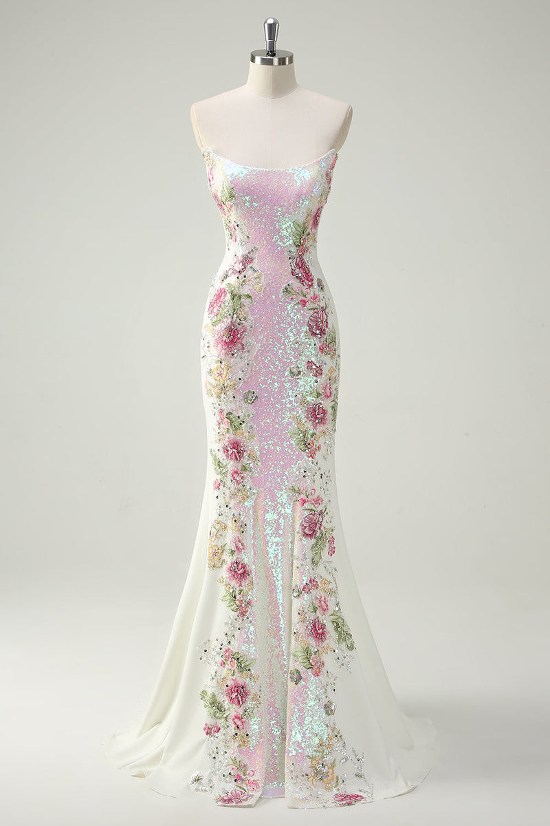Load image into Gallery viewer, Zapaka Women Sparkly Formal Dress White Floral Strapless Mermaid Long Evening Dress With Sequins