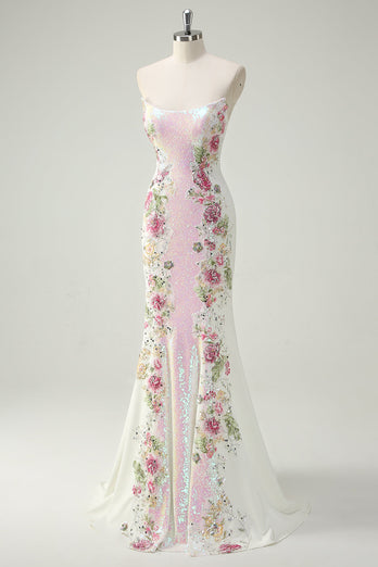 Sparkly White Floral Strapless Sequin Mermaid Long Formal Dress