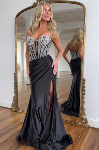 Sparkly Black Beaded Corset Satin Formal Dress with Slit