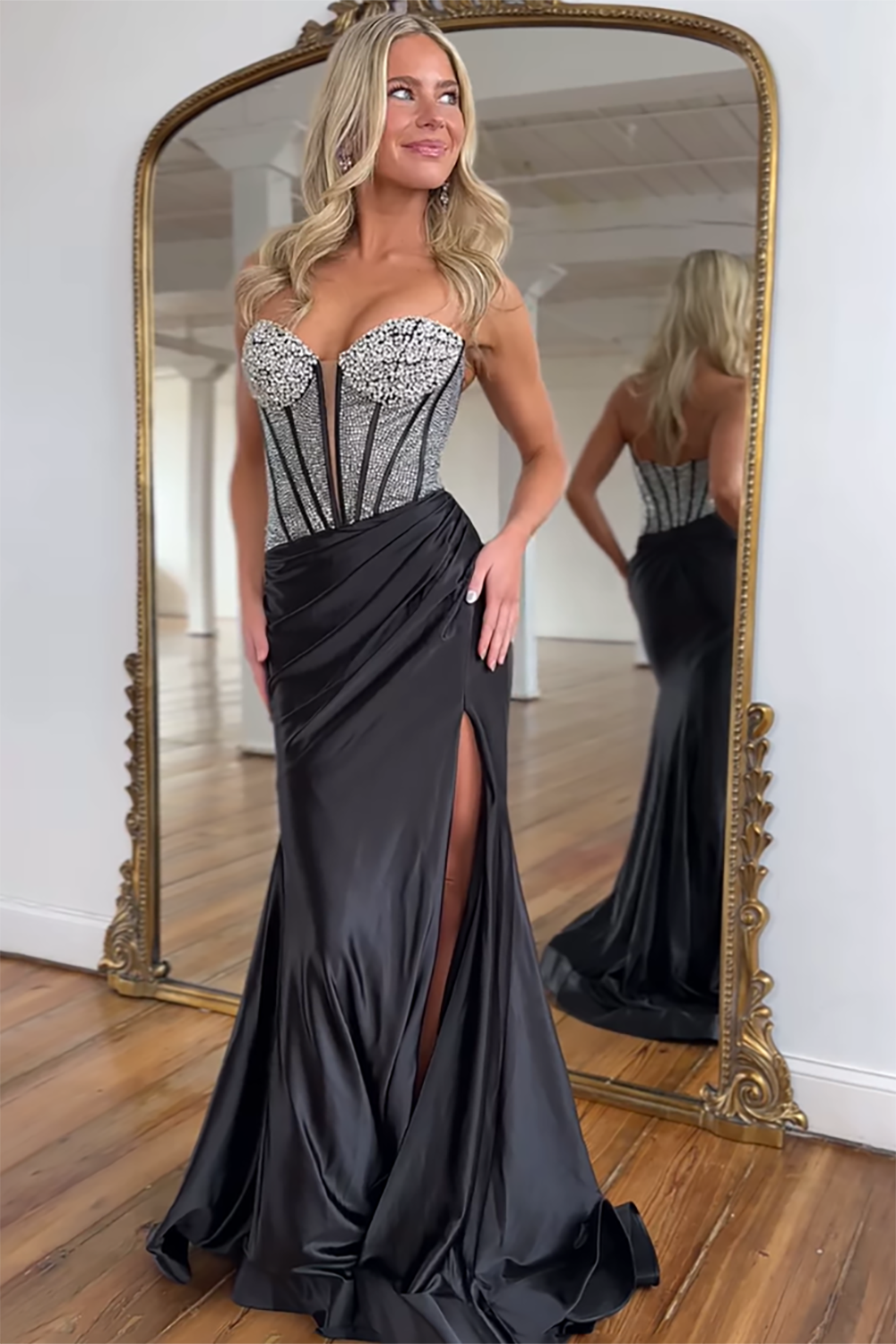 Sparkly Black Beaded Corset Satin Formal Dress with Slit
