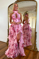 Load image into Gallery viewer, Blush Floral Chiffon Tiered A Line Formal Dress with Slit