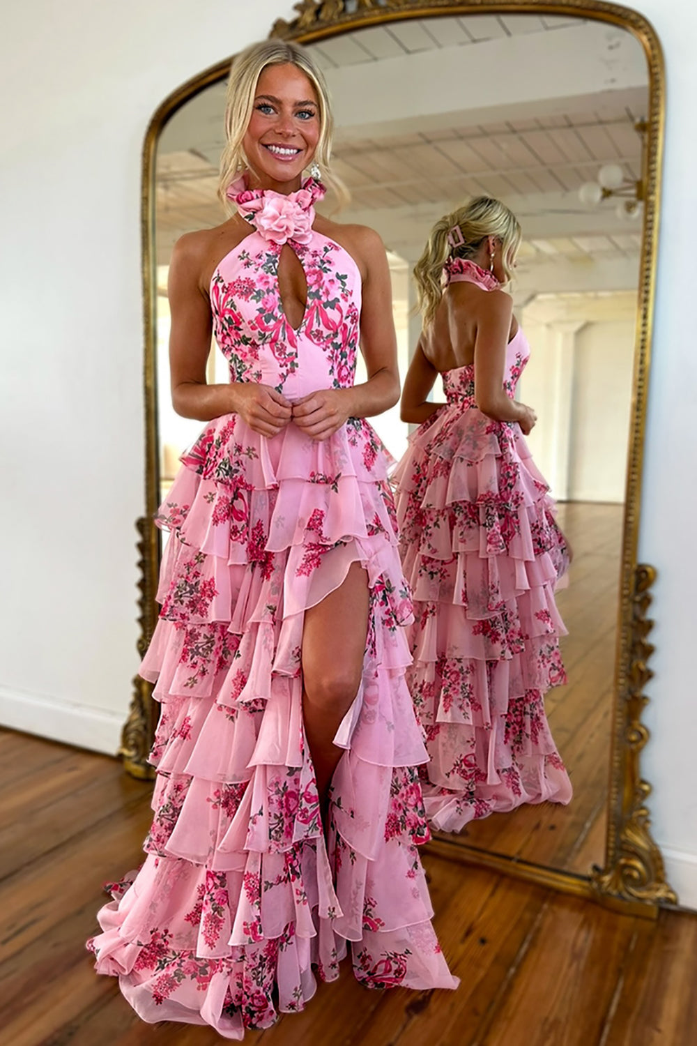 Blush Floral Chiffon Tiered A Line Formal Dress with Slit