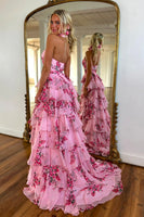 Load image into Gallery viewer, Blush Floral Chiffon Tiered A Line Formal Dress with Slit
